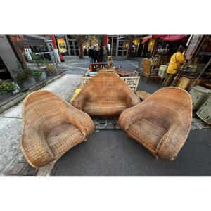 Italian Rattan Set From The 1920s (2 Armchairs, Sofa)