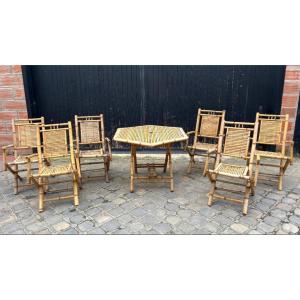 Italian Foldable Table And Six Chairs From The Late Mid-20th Century In Bamboo
