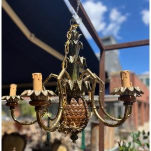 Pineapple Chandelier In Metal, Bronze And Wood From The 70s, 20th Century