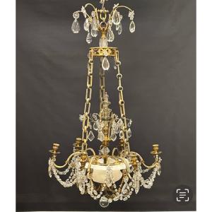 Gilt Bronze Chandelier Alabaster Cup And Crystals End Of 19th Century France 