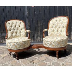 2 Swivel Conversation Armchairs In 19th Century Walnut 