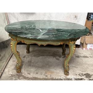 Round Table 1.60m Lacquered With Green Alpine Marble Top XX Eme Baroque Style