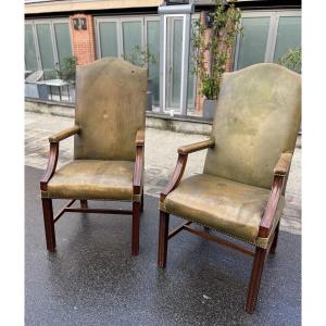 Pair Of English Armchairs, Late 19th Century. Mahogany And Studded Leather.