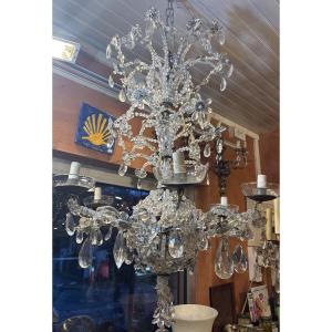 19th Century Italian Chandelier With A Wrought Iron Frame And Adorned With Baroque And Cut Pearls. 