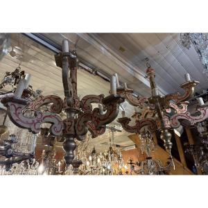 Pair Of 8-light Chandeliers In Painted And Silvered Wood, Italy, 19th Century 