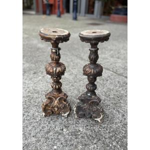 Pair Of Carved Wooden Candelabra, 18th Century