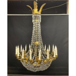 Empire Period Chandelier, Montgolfier Model, Gilt Bronze And Antique Crystals 