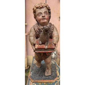 18th Century Gilt And Patinated Wooden Sculpture Of The Infant Jesus Presenting The Lamb