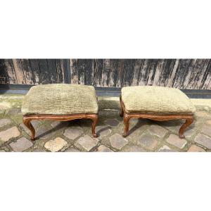 Pair Of Louis XV Style Walnut Stools, Early 20th Century