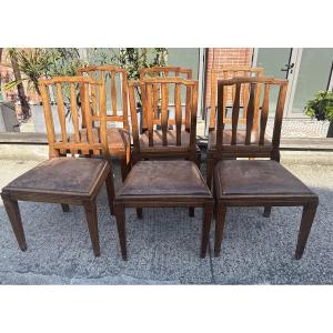 Set Of 6 Early 19th-century Walnut Chairs With Leather Cushions, Italy 