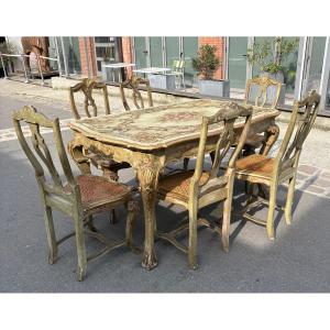 Dining Set Table With 6 Canned Chairs Painted In Venitian Style Turn Of XX Th