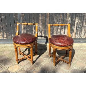 Pair Of Stools With Small Backrests, Louis XVI Style, 20th Century, Crocodile-effect Leather Tops 