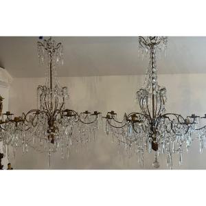 Pair Of 19th Century Italian Chandeliers With Wrought Iron Frames And Antique Crystal Garlands 