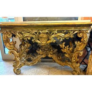 Early 18th Century Italian Baroque Console With Antique Patina And Gilding, Marble Top