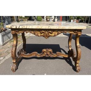 Gilded Wood Center Table Italy Mid XIX Eme Peach Blossom Marble Top