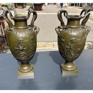 Pair Of Bronze Cassolettes With Green Patina, XIX Eme Medal, Signed Barbedienne, Founder.