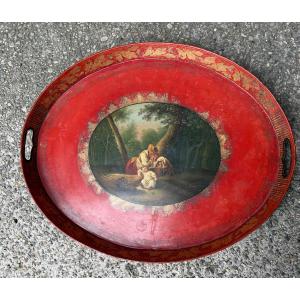 Oval Tray In Sheet Metal, Painted With Genre Scenes, Early 19th Century