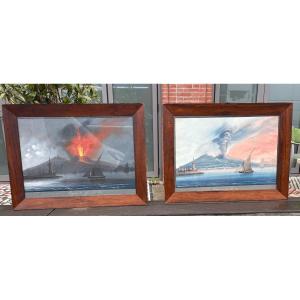 Pair Of Neapolitan Gouaches XIX Eme Walnut Frame