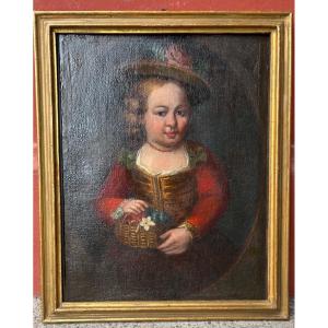 Portrait Of A Little Girl Oil On Canvas 18th Eme Italy
