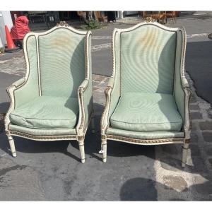 Pair Of Louis XVI Style Bergères With Lacquered Ears Endxix Eme