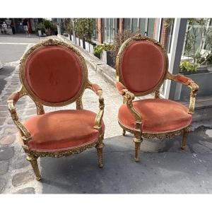 Pair Of Louis XVI Style Armchairs. Late 19th Eme Gilded Wood