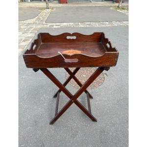 19th Century English Mahogany Tray With Tripod And Inlaid Shell Handles