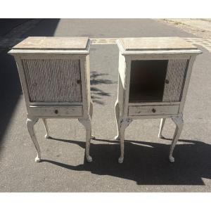Pair Of Late 19th Century Painted Wood Bedside Cabinets With Curtain And Drawer, Marble Top
