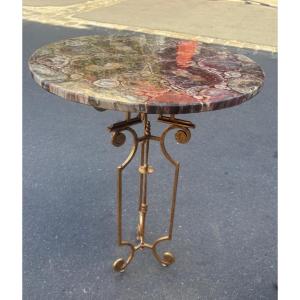 Pedestal Table With Gilded Wrought Iron Legs And Fossilized Wood Top XX Eme