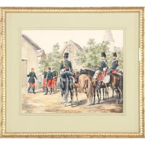 Emmanuel Grammont, Cavalry, Ink And Watercolor Drawing,