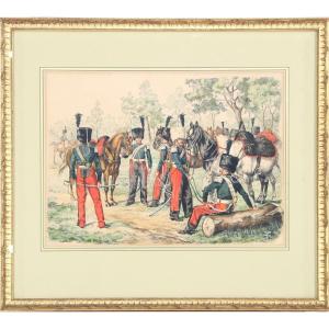 Emmanuel Grammont, Cavalry, Ink And Watercolor Drawing,
