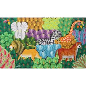Joël Gauthier, Haitiën 1955, Animals In The Jungle, Acrylic On Canvas