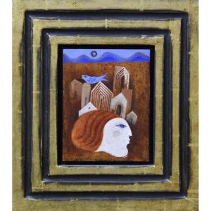 Sami Briss, Fish On The Roofs, Oil On Panel, Signed