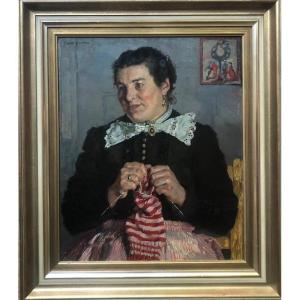 Hermann Groeber, Lady Knitting, Oil On Panel