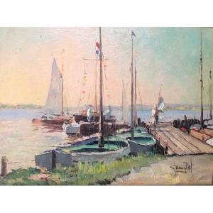 Sailboats Moored On A Sunny Day, Oil, Painter To Identify 'pol'