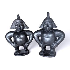 Pair Of Sumo Wrestlers — Terracotta Sculpture, Ancient Japanese Work