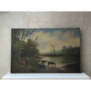 Oil On Canvas, Emile Tesson "herd At The Pool"