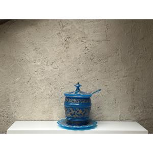 Blue Opaline Punch Bucket With Saucer, Lid And Ladle