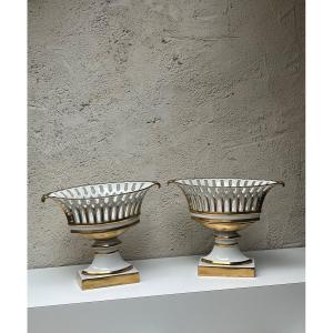 Pair Of Openwork Porcelain Baskets, Empire Style