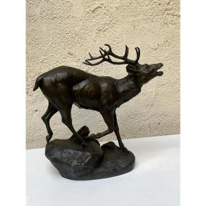 Bronze Subject "the Bell Of The Stag", Prosper Lecoutier