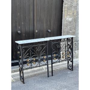 Pair Of Wrought Iron Radiator Covers, White Marble Top