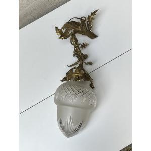 Art Nouveau Chandelier In Patinated Bronze In The Shape Of A Thistle And Cut Crystal Globe