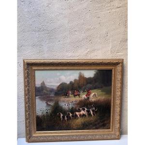 19th Century French School, "hunting With Hounds" Signed Eugène Petit