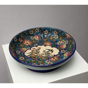 Longwy Enamel Bowl Decorated With Flowers And Birds