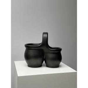 Double-compartment Vase In Black Glazed Ceramic, Pol Chambost
