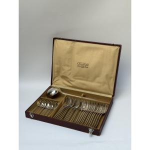 Rare Solid Silver Flatware Set, Atlas Pattern By Luc Lanel For Christofle