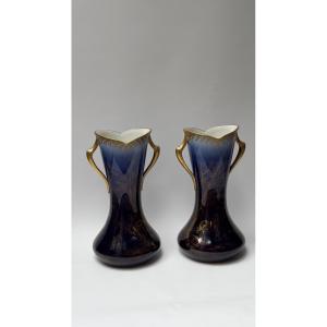 Large Pair Of Art Nouveau Vases In Limoge Procelaine, William Guerin Period