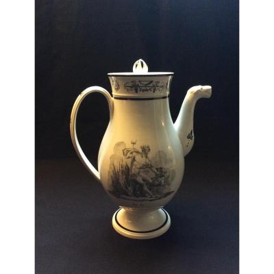 Coffeemaker With "fire And Water" Motives. Creil & Montereau. Fine Earthenware Printed XIXth.