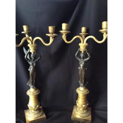 Pair Of Candelabras: Winged Women. Restoration Period, Around 1840