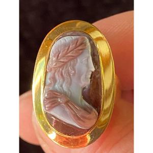 Agate Cameo Ring: Emperor With Laurel Crown XIX Eme Century