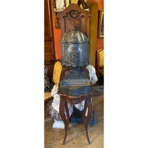 Fountain In Chiselled Pewter On Its Louis XV Style Oak Cabinet